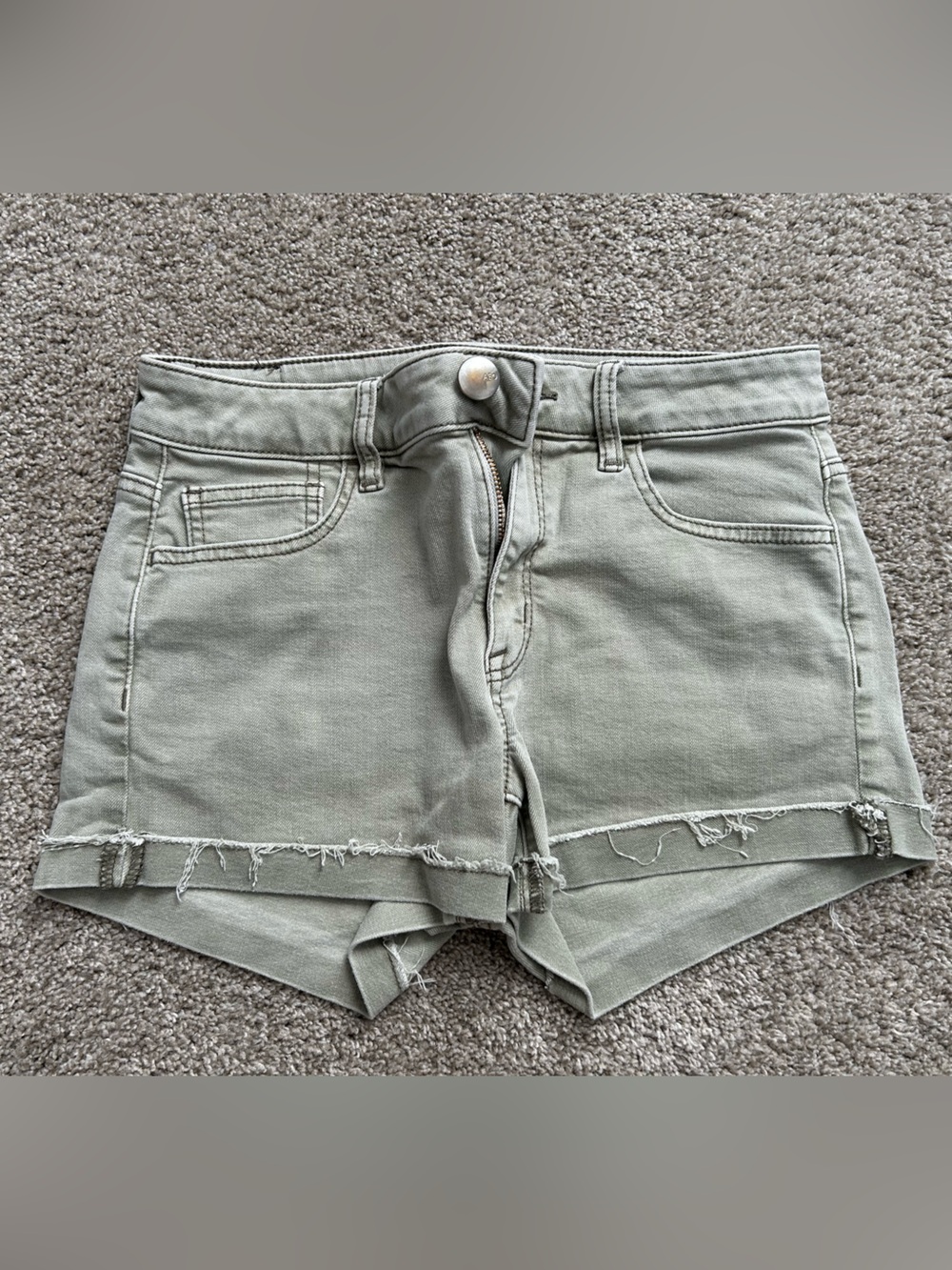 American Eagle Outfitters Sage Green High-Waist Frayed Denim Shorts